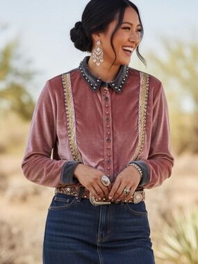 POL Western Maximalist Bling Boho Studded Dusty Rose Velour Button Down Shirt Lg
